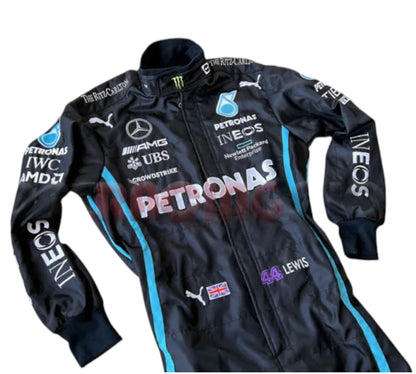 Two racing suits with Petronas branding on a white background