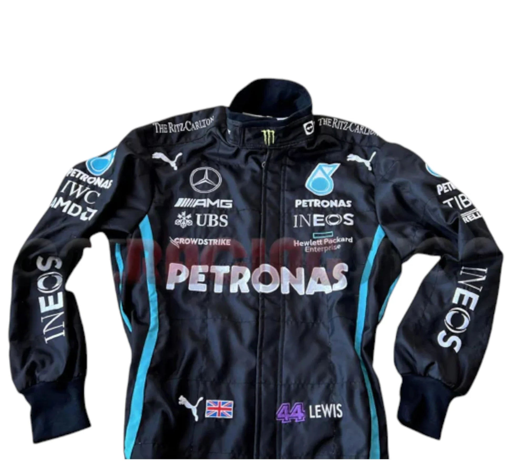 Black racing suit with various sponsor logos on a white background