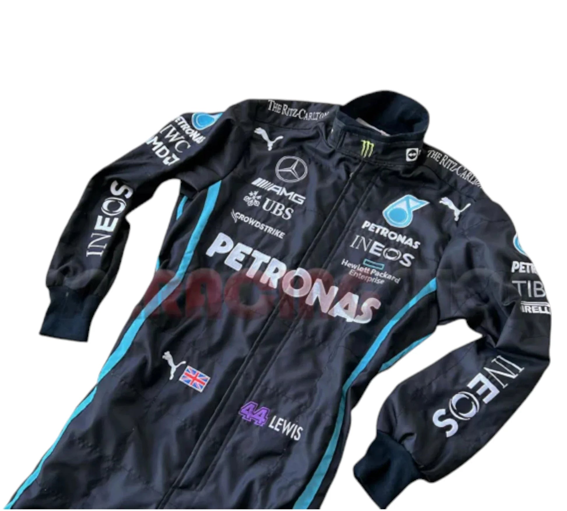 F1 racing suit with Petronas and Mercedes-Benz branding on a white background