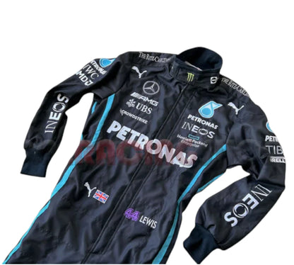 F1 racing suit with Petronas and Mercedes-Benz branding on a white background