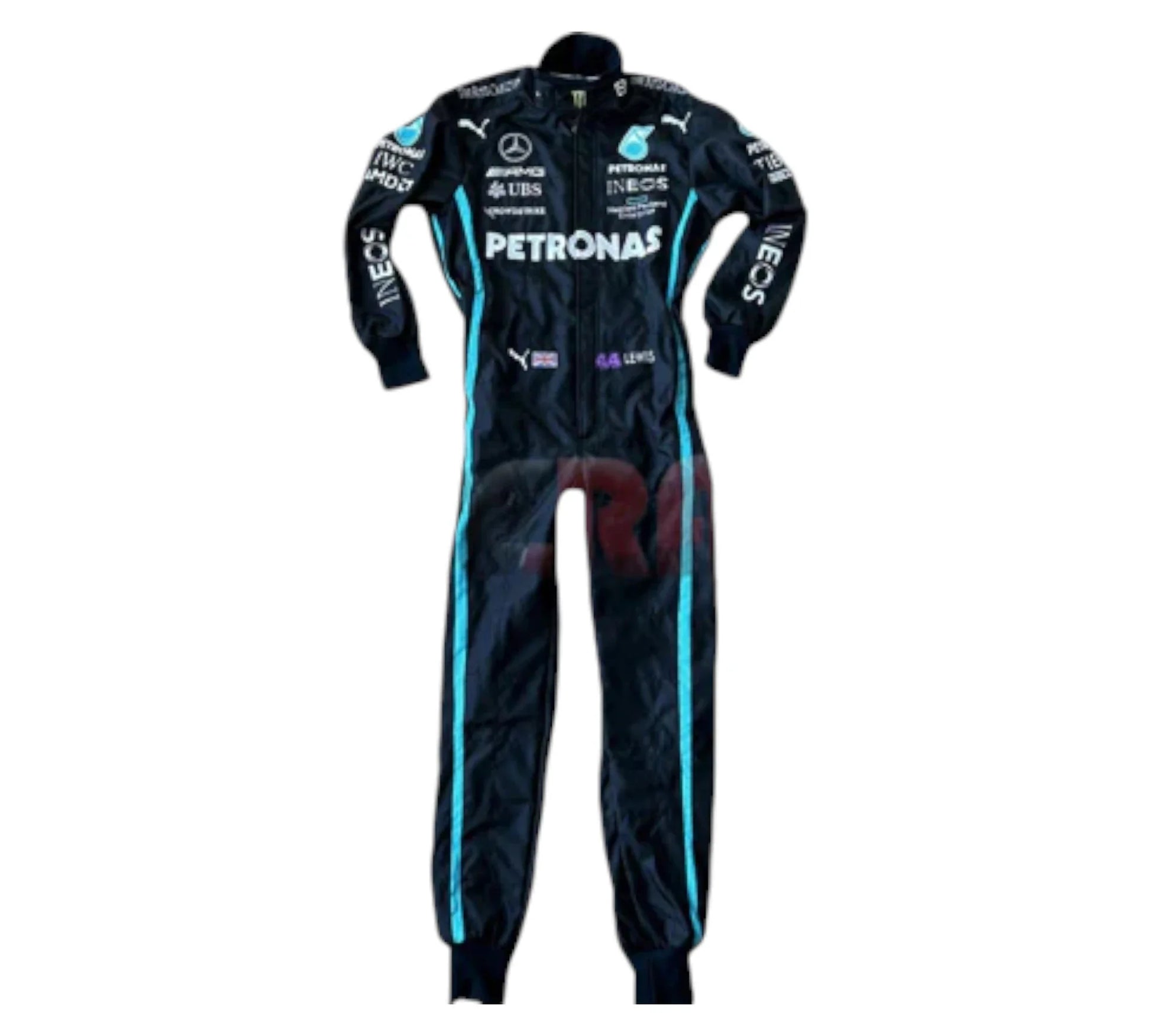 Black racing suit with blue accents and sponsor logos on a white background