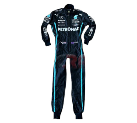Black racing suit with blue accents and sponsor logos on a white background