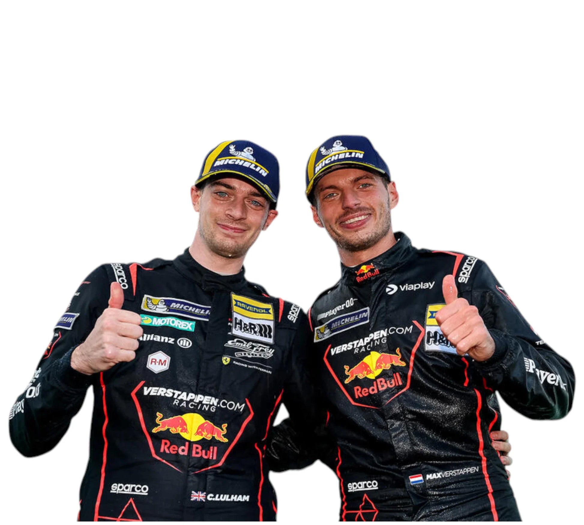 Two Formula 1 drivers in racing suits with visible sponsor logos on a white background
