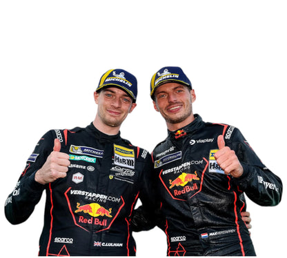 Two Formula 1 drivers in racing suits with visible sponsor logos on a white background