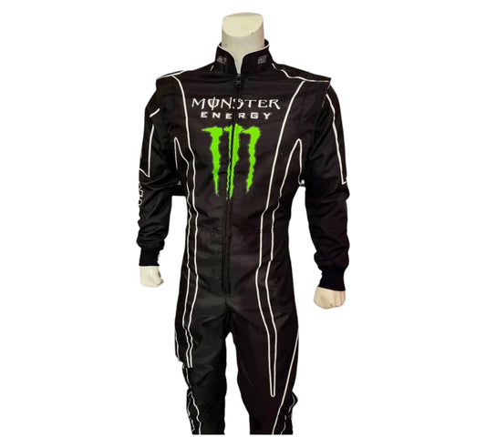 Black racing suit with Monster Energy logo on a white background