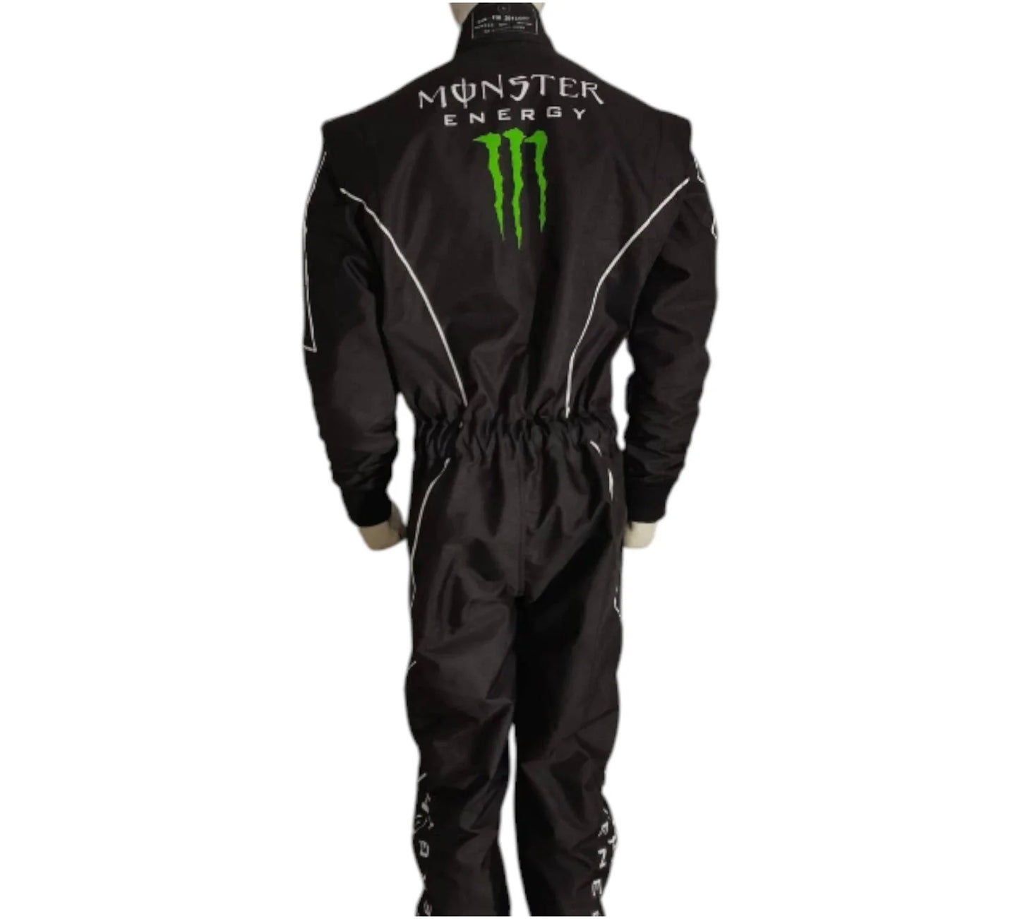 Black racing suit with Monster Energy logo on a white background