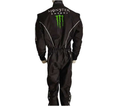 Black racing suit with Monster Energy logo on a white background