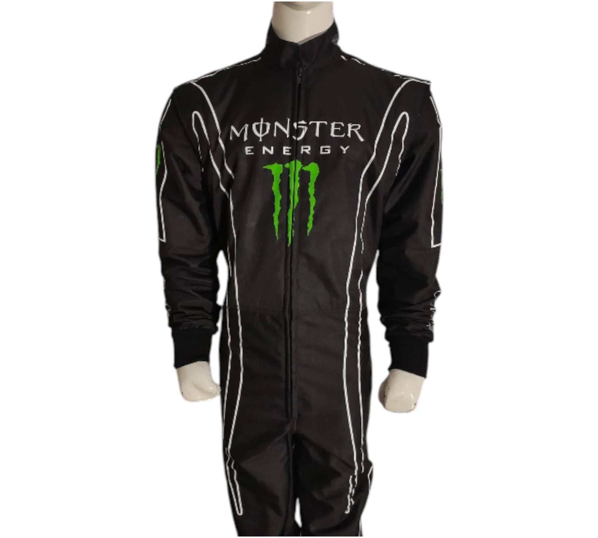 Black racing suit with Monster Energy logo on a white background