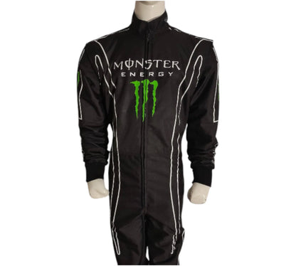 Black racing suit with Monster Energy logo on a white background