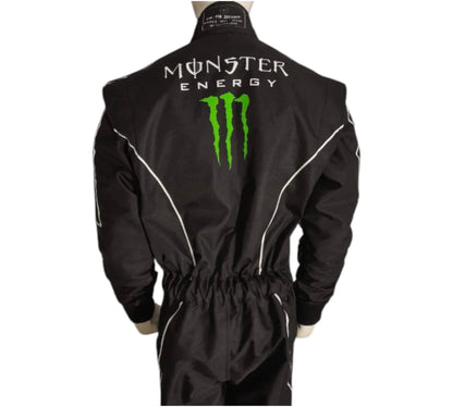 Black racing suit with Monster Energy logo on a white background