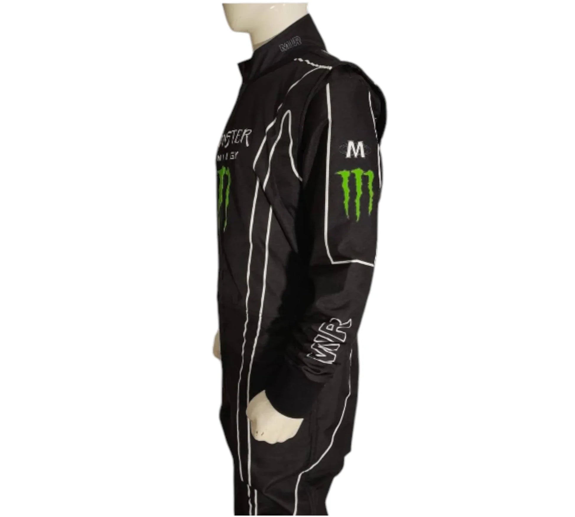 Black racing suit with Monster Energy logo on a white background