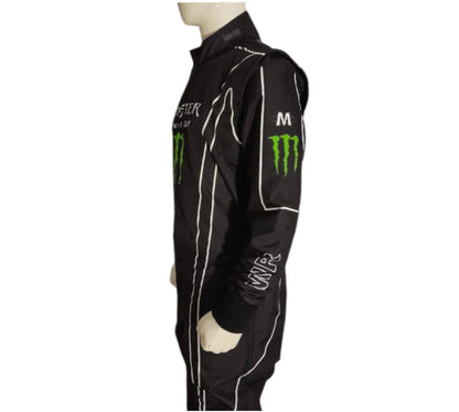 Black racing suit with Monster Energy logo on a white background