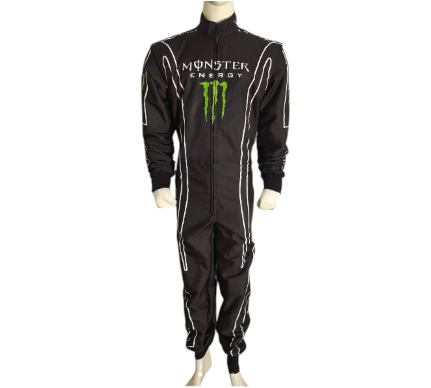 Black racing suit with Monster Energy logo on a white background