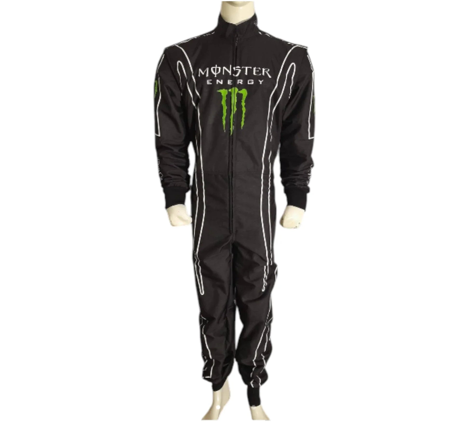 Black racing suit with Monster Energy logo on a white background