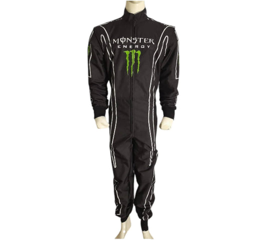 Black racing suit with Monster Energy logo on a white background