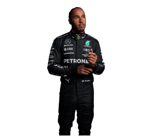 Person wearing a black racing suit with visible branding on a white background