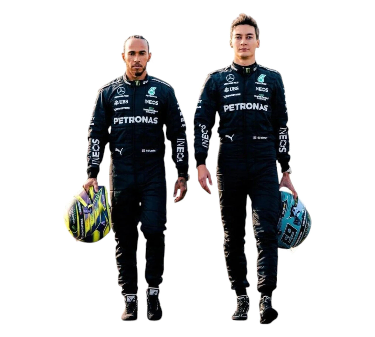 Two Formula 1 drivers in matching uniforms with visible branding on a white background