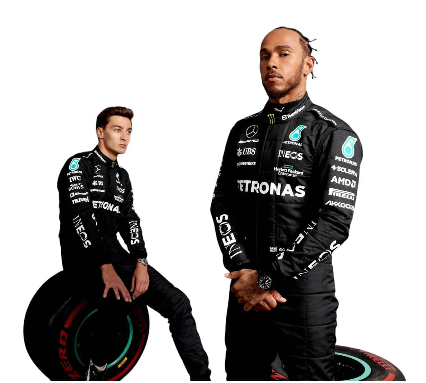 Two individuals wearing black racing suits with various sponsor logos on a white background.