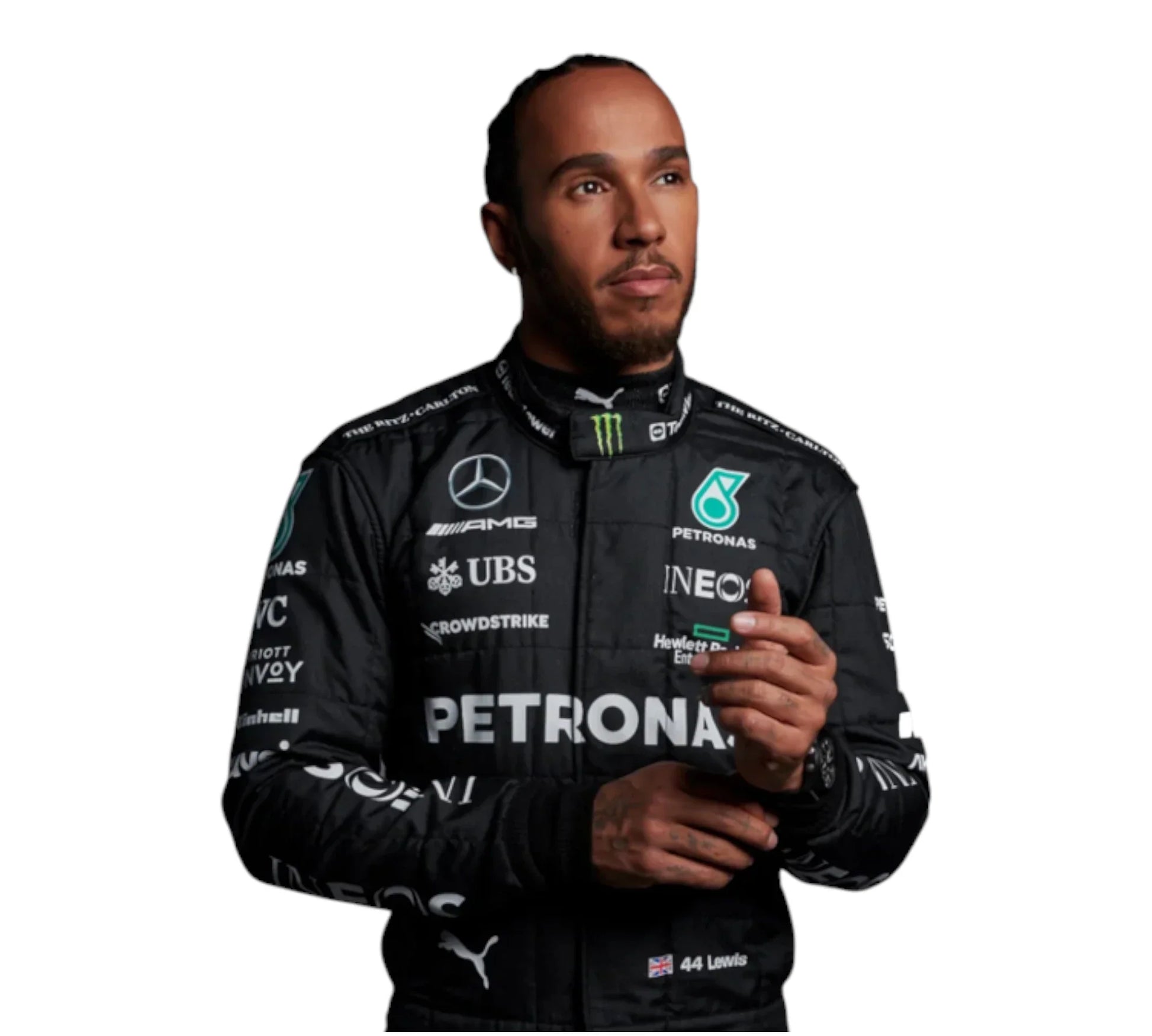 Person wearing a black racing suit with various sponsor logos on a white background