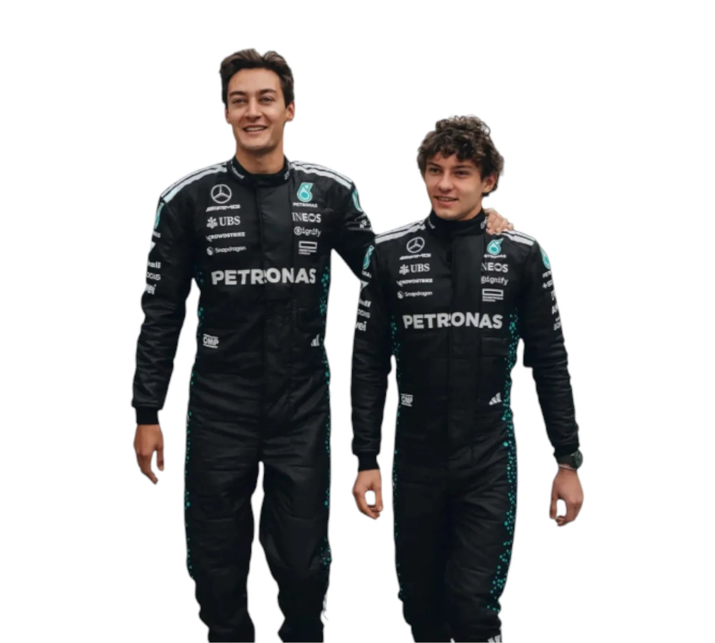 Two individuals wearing Mercedes-Benz racing suits on a white background