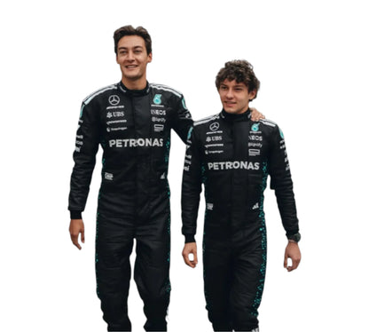 Two individuals wearing Mercedes-Benz racing suits on a white background