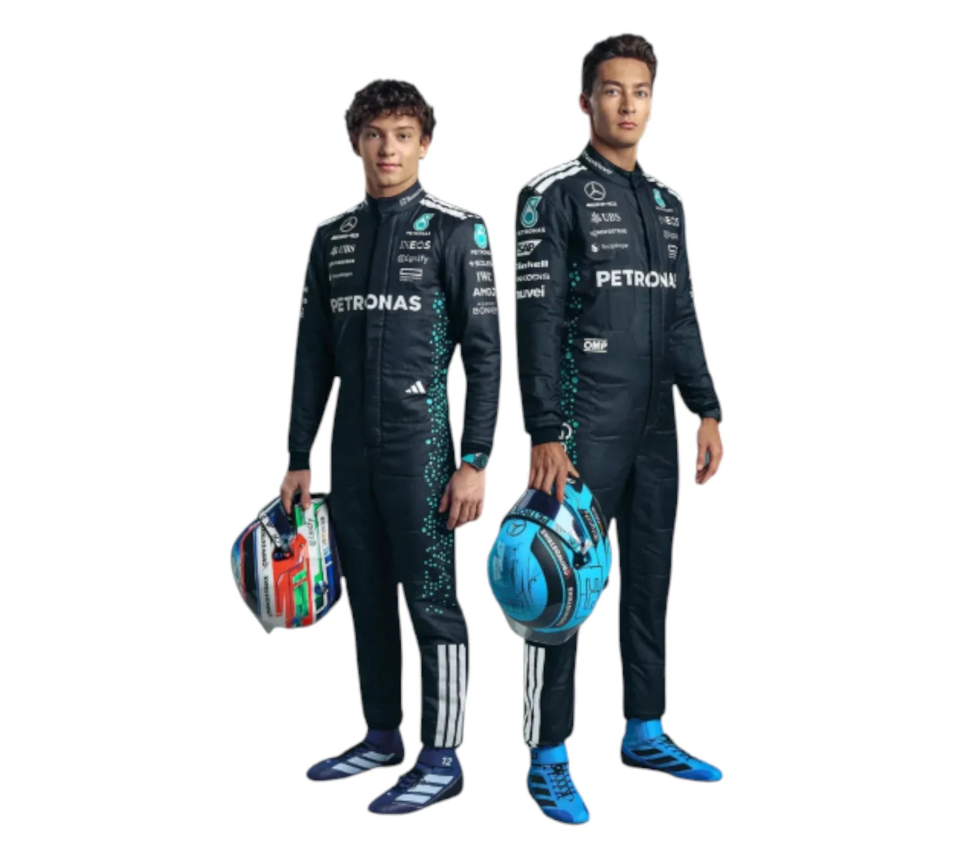 Two individuals in racing suits holding helmets on a white background