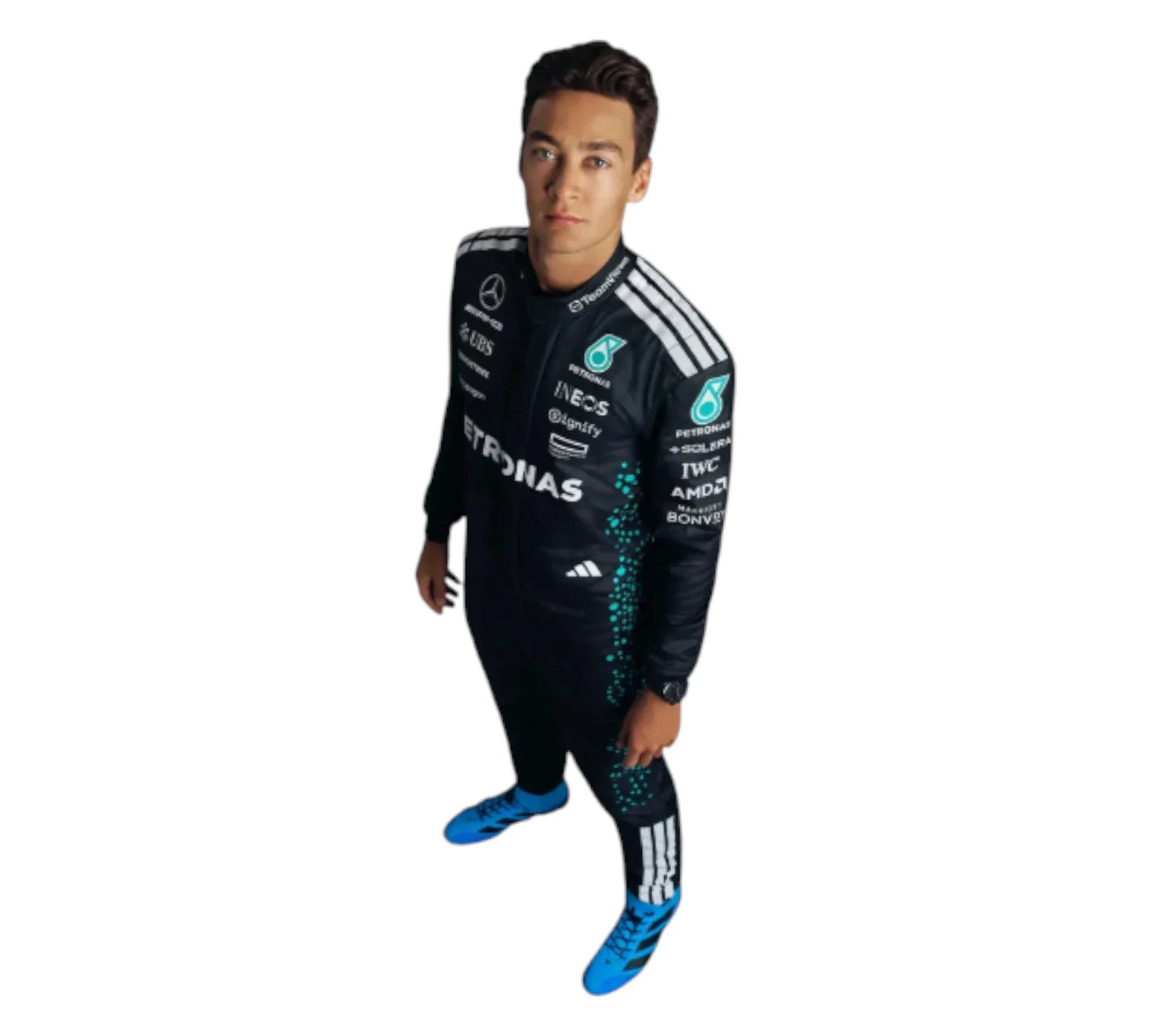 Person wearing a black racing suit with various sponsor logos on a white background