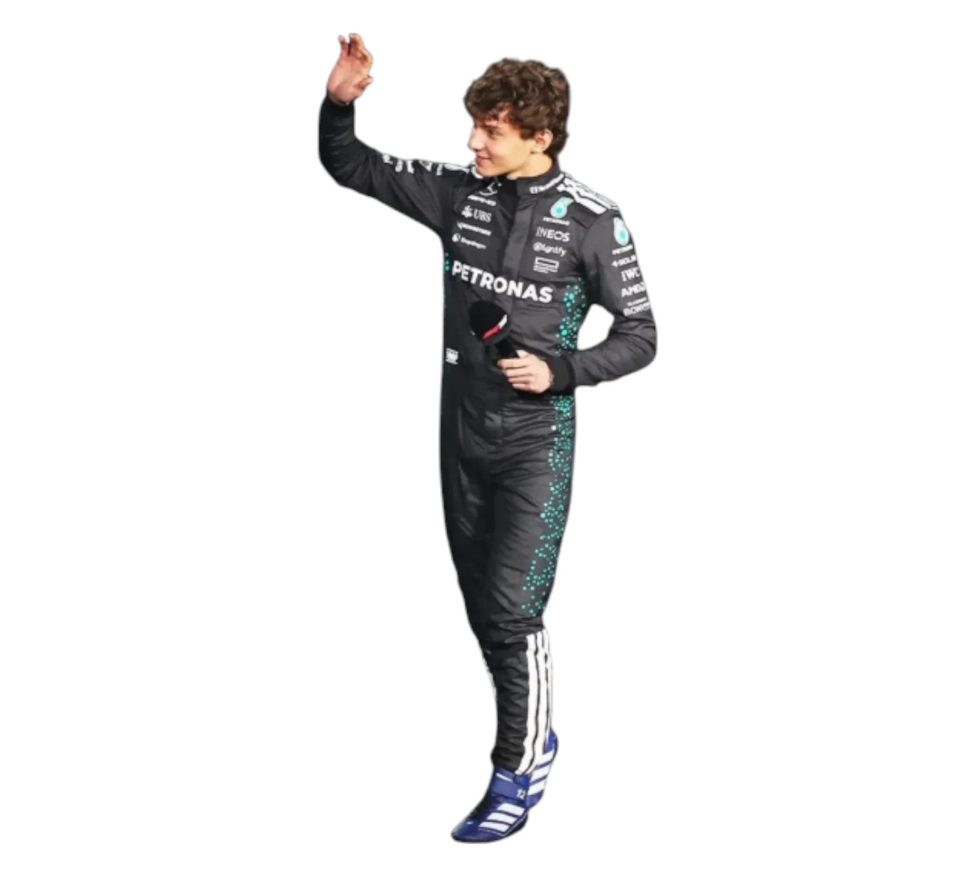 Person in a racing suit with Petronas branding on a white background