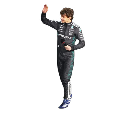Person in a racing suit with Petronas branding on a white background