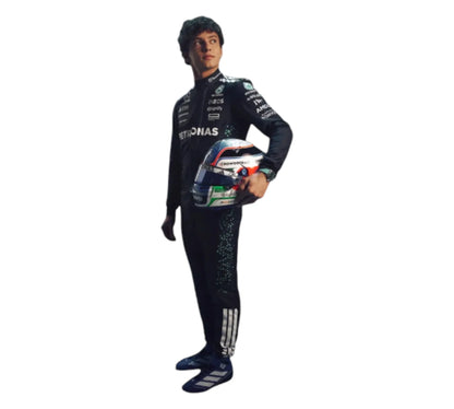 Person wearing a racing suit with a helmet on a white background