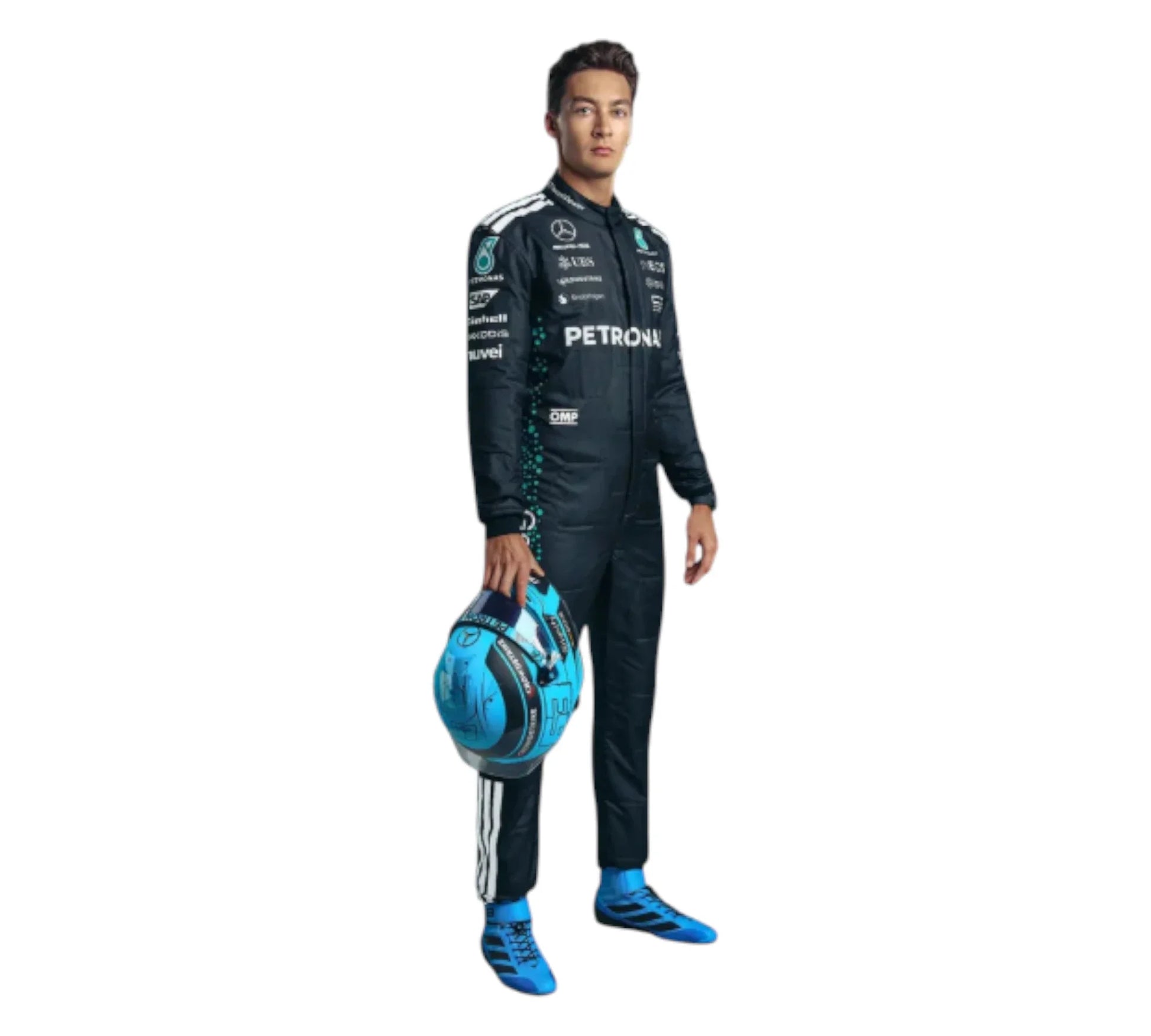 Person wearing a racing suit with Petronas branding holding a helmet on a white background