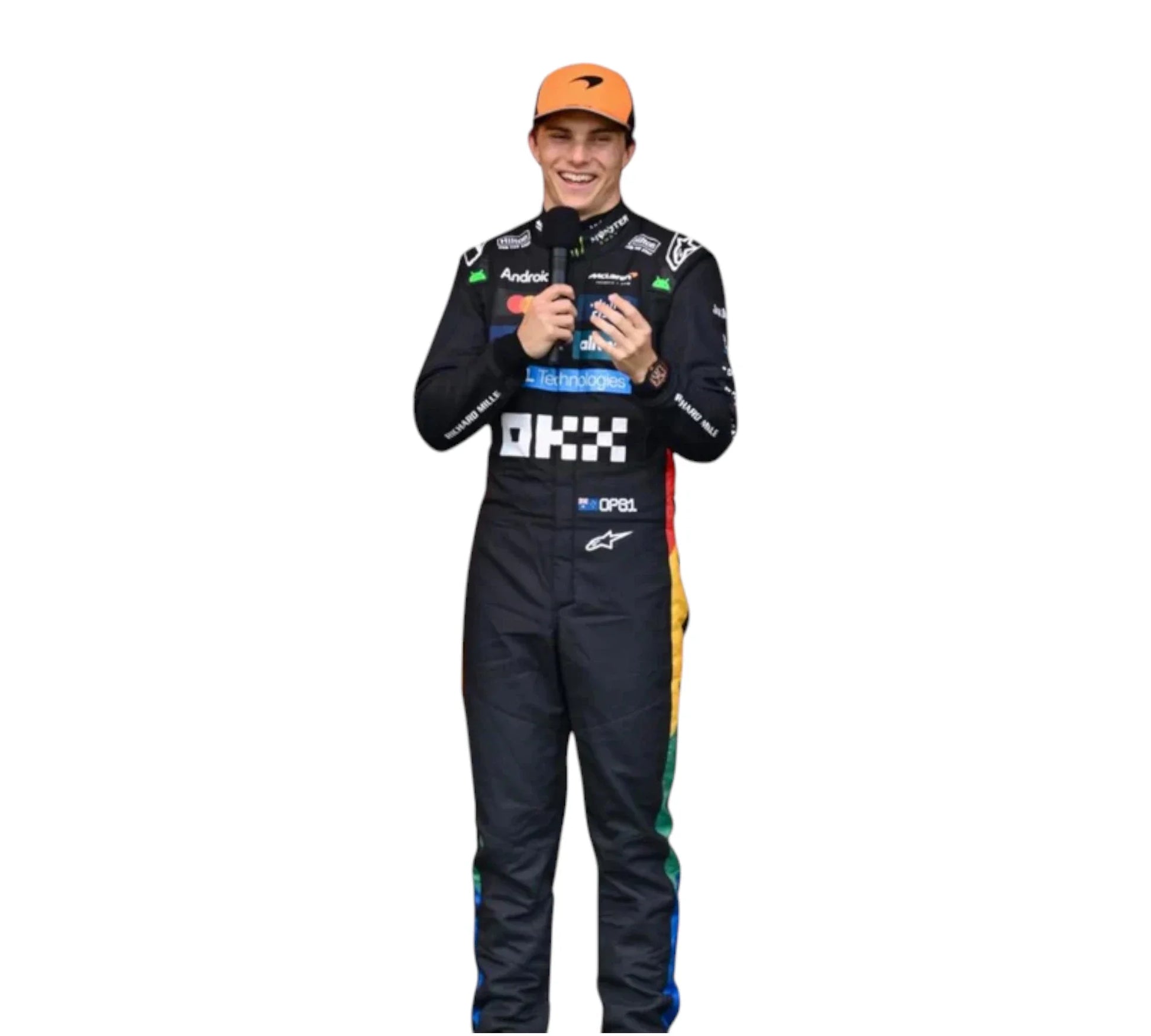 Person wearing a racing suit with various sponsor logos on a white background
