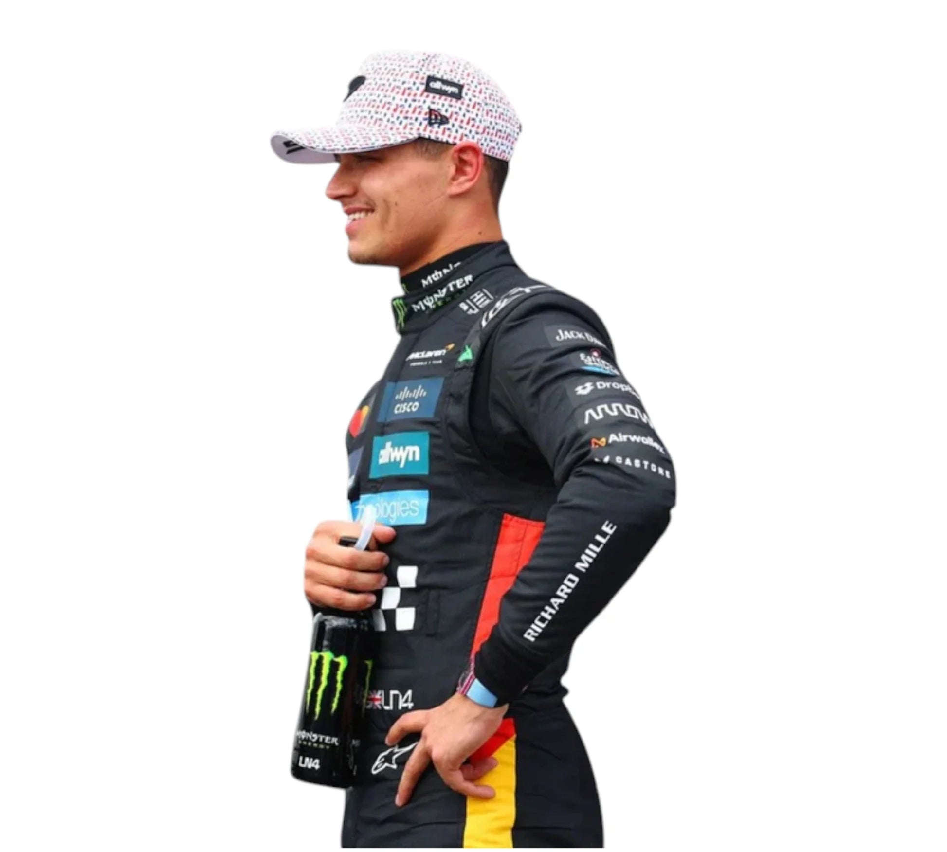 Person wearing a racing suit with various sponsor logos on a white background