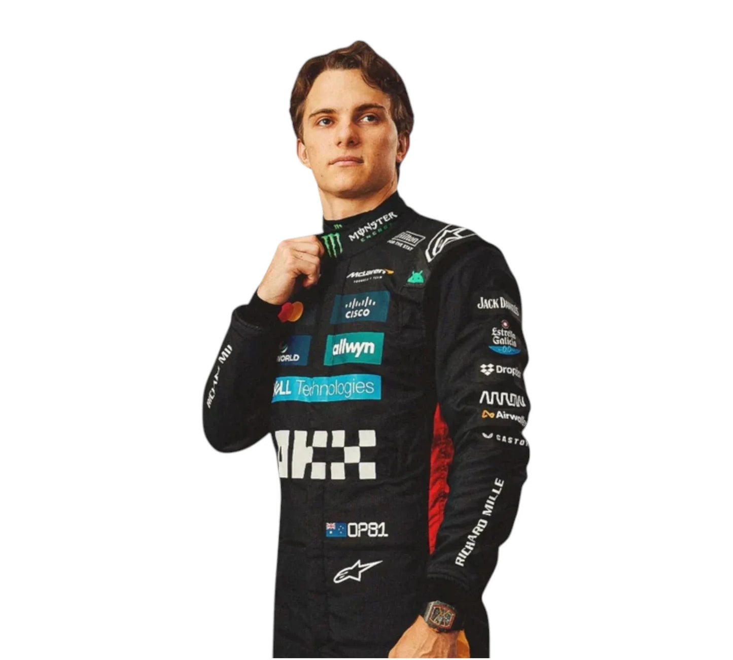 Person wearing a black racing suit with various sponsor logos on a white background