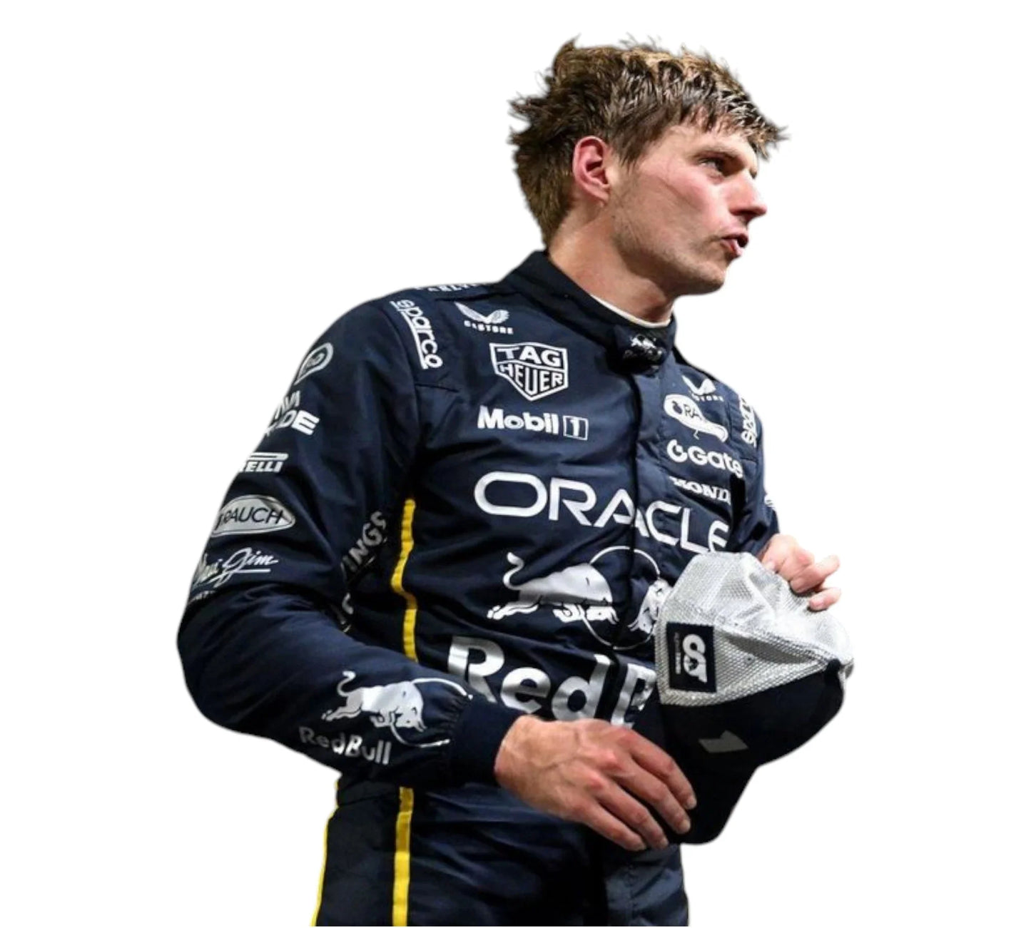 Person wearing a navy blue racing suit with various sponsor logos on a white background
