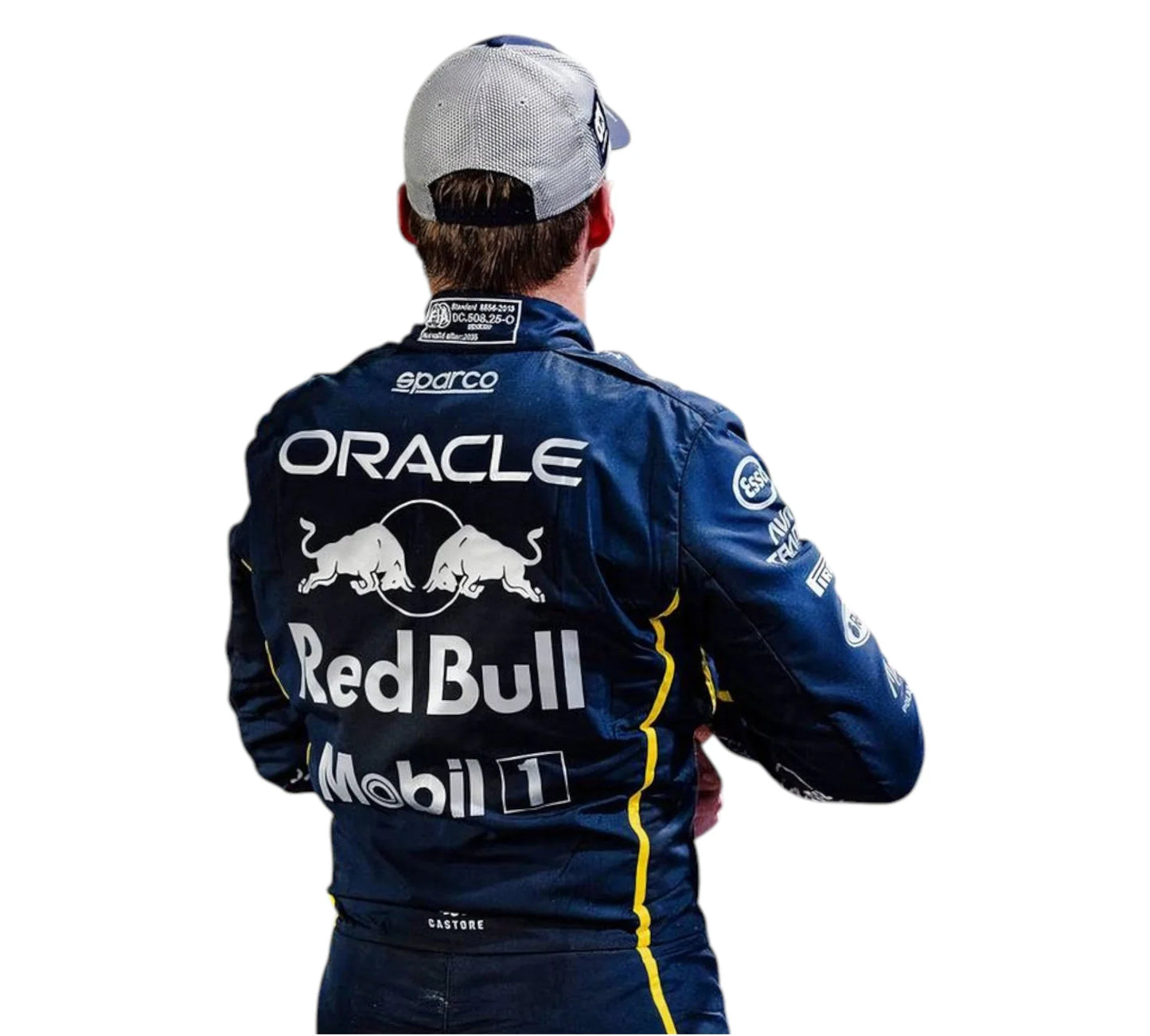 Person wearing a blue racing suit with Oracle, Red Bull, and Mobil 1 logos on a white background