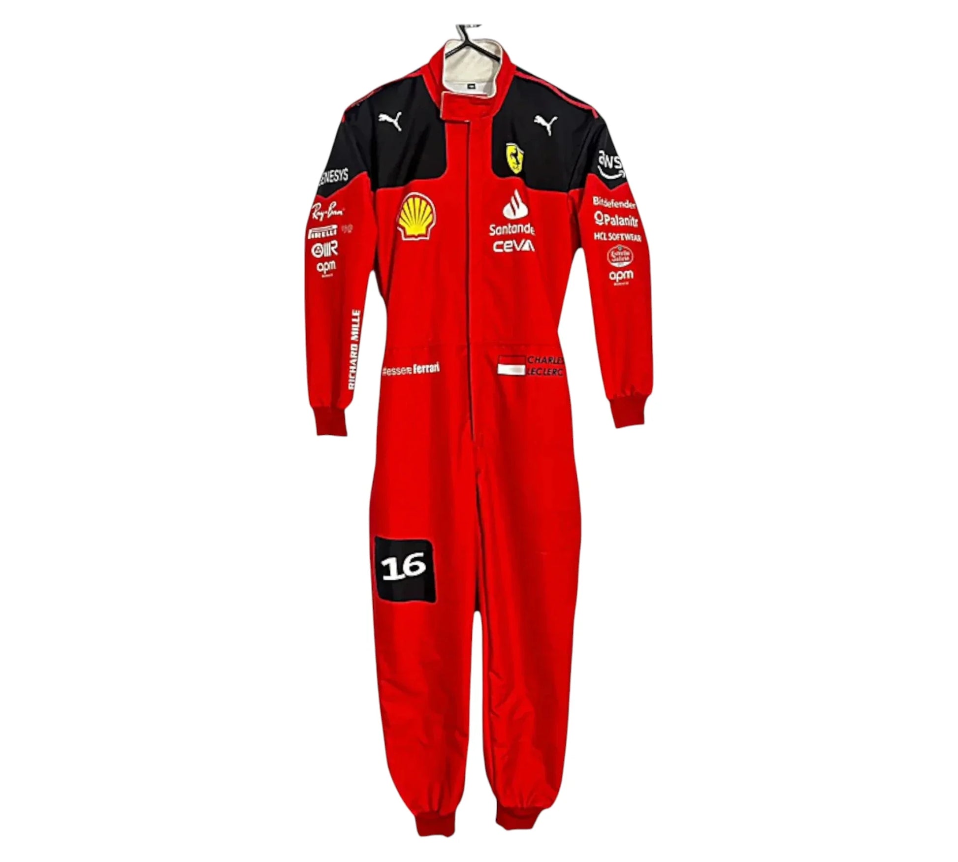 Red racing suit with various logos on a white background