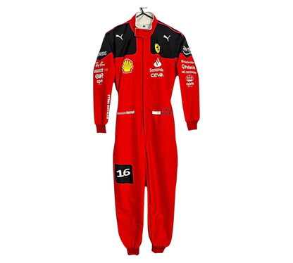 Red racing suit with various logos on a white background
