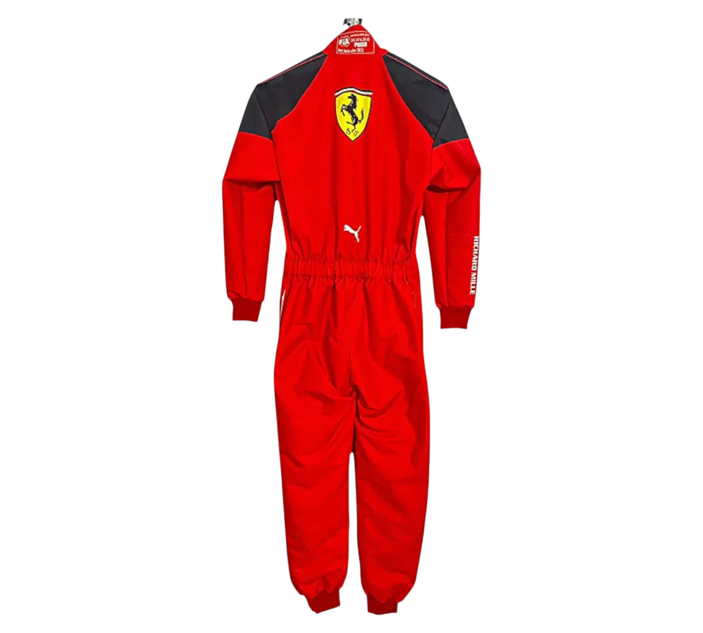Red racing suit with Ferrari logo on a white background
