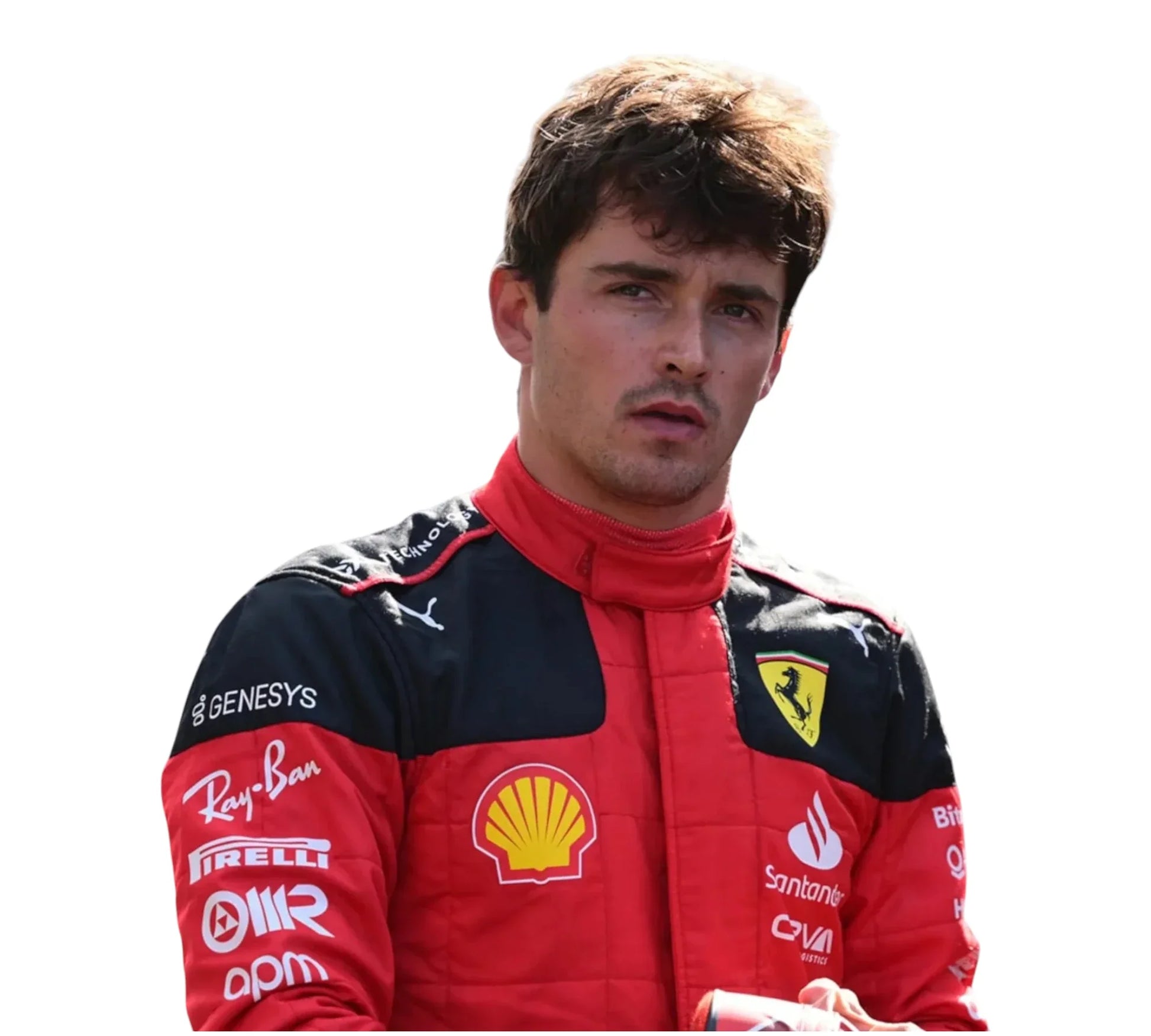 Person wearing a red racing suit with various sponsor logos on a white background