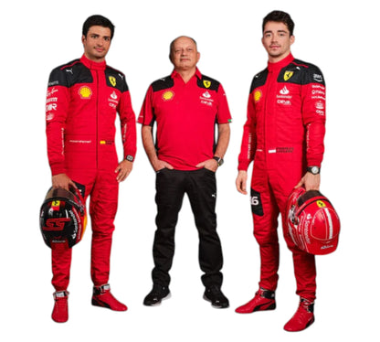 Two individuals in red racing suits with a third person in a black outfit, all holding helmets on a white background.