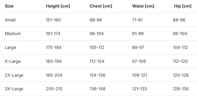 Crossover Racewears Measurement chart for clothing sizes with height, chest, waist, and hip dimensions.