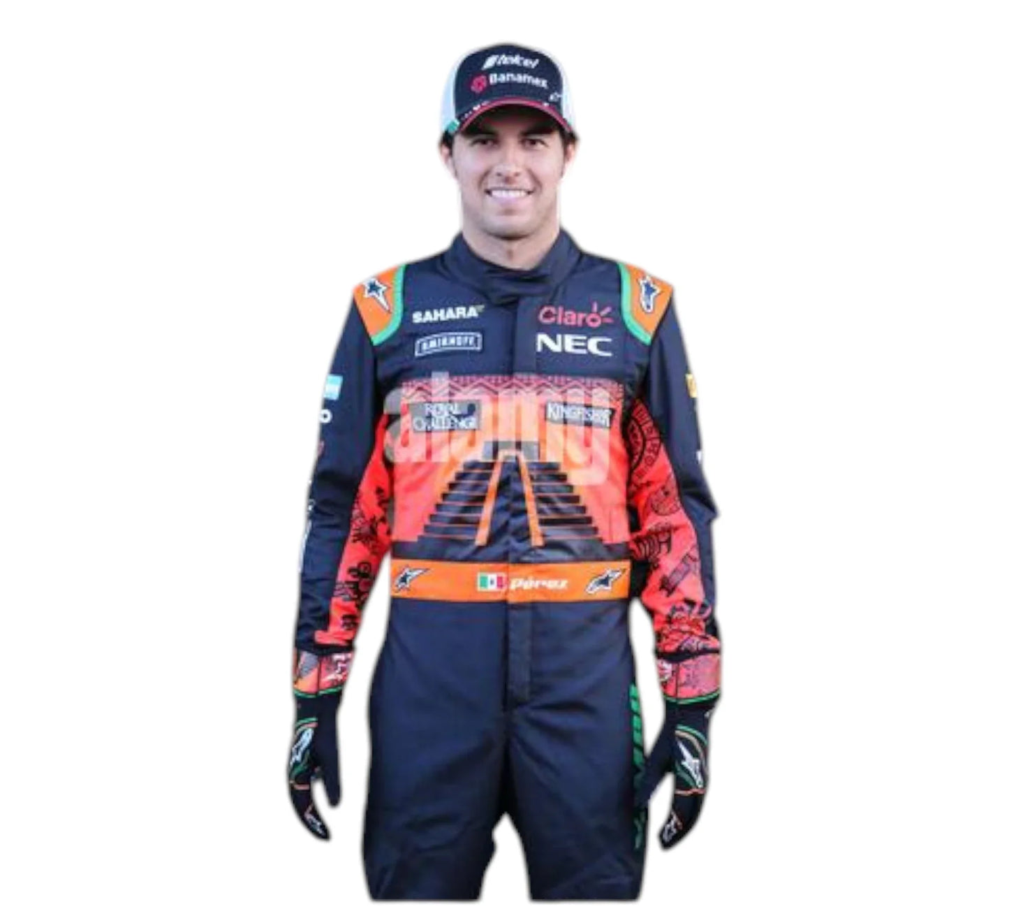 Person wearing a colorful racing suit with various brand logos on a white background