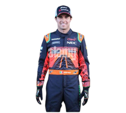 Person wearing a colorful racing suit with various brand logos on a white background