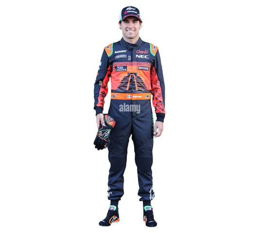 Person wearing a racing suit with various sponsor logos on a white background